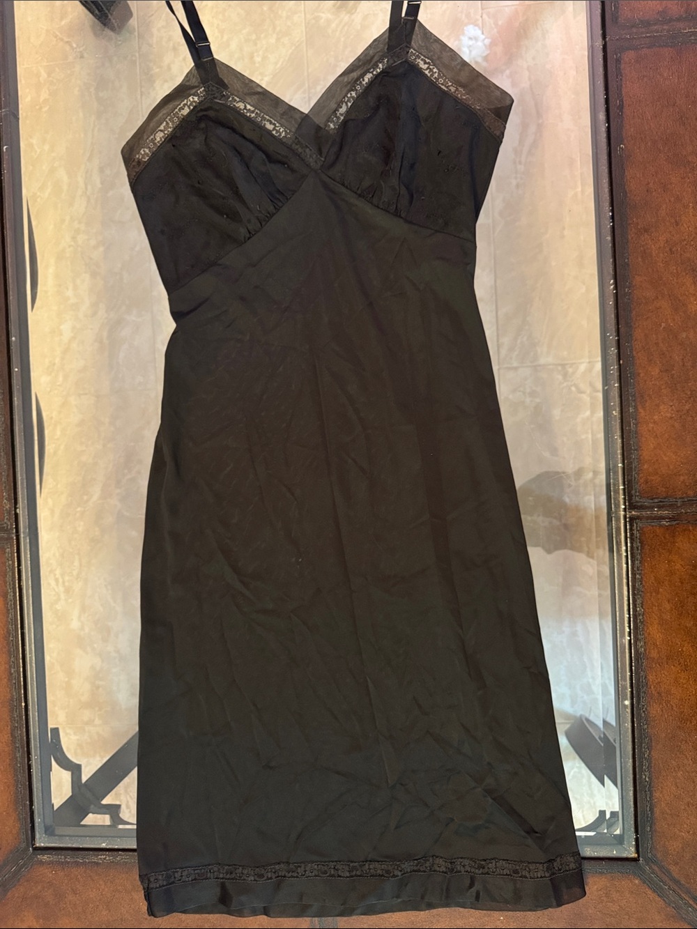 Vintage ShadowLine Black Lace-Trim Midi Slip Dress